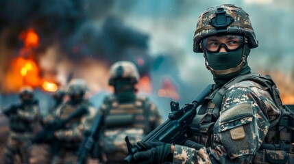 Wall Mural - Soldiers in Tactical Gear on Battlefield. Generative ai