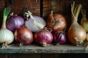 Sticker - Variety of onions including red, white, and yellow on an aged wooden shelf, highlighting natural textures