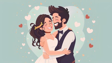 Wall Mural - vector illustration of a happy bride and groom hugging, with a wedding concept background featuring hearts. cartoon character vector illustration design for a greeting card, poster, banner, flyer