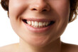 © master1305 - Cropped close-up image of female face, smile isolated on white background. Dental care, teeth whitening, braces. Concept of natural beauty, skincare, wellness, cosmetology, cosmetics