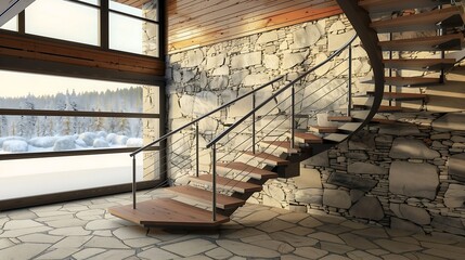 Wall Mural - a modern staircase with a mix of stone, wood, and metal materials