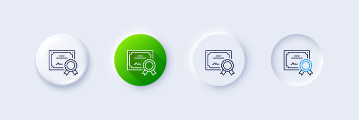 Poster - certificate line icon. neumorphic, green gradient, 3d pin buttons. certified document sign. medal or