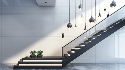 Wall Mural - a modern staircase with a sleek black handrail and a series of hanging pendant lights