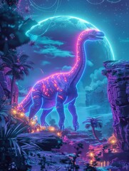 Neon Dinosaurs Ruling a Vaporwave Kingdom
