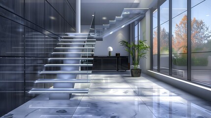 Wall Mural - a modern staircase with a sleek design and interactive floor tiles that change patterns