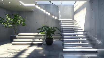 Wall Mural - a modern staircase with a sleek design and interactive floor tiles that change patterns