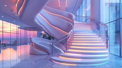 Wall Mural - a modern staircase with a unique, undulating railing design and a series of steps that change color 