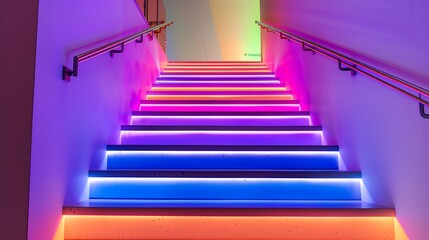Wall Mural - a modern staircase with a vibrant, color-shifting led wall along the ascent