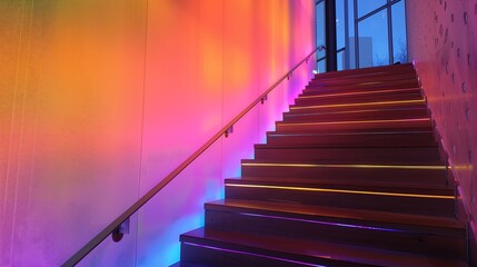 Wall Mural - a modern staircase with a vibrant, color-shifting led wall along the ascent