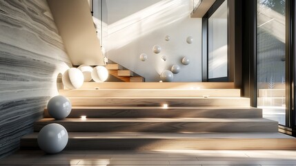 Wall Mural - a modern staircase with an artistic installation of floating orbs along the stairwell