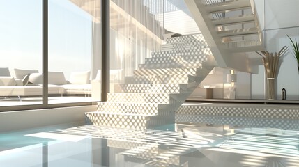 Wall Mural - a modern staircase with geometric-patterned risers and a transparent floor