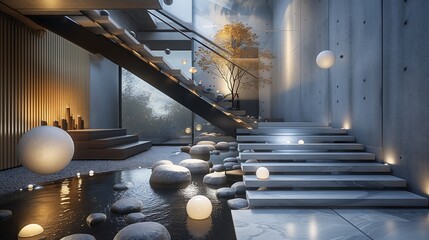 Wall Mural - a modern staircase with an artistic installation of floating orbs along the stairwell