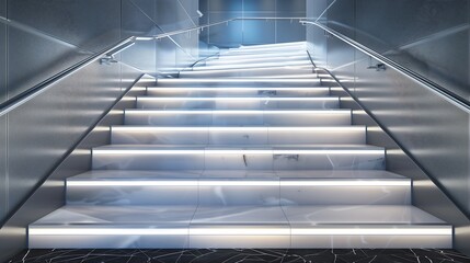 Wall Mural - a modern staircase with illuminated quartz steps and a sleek chrome handrail