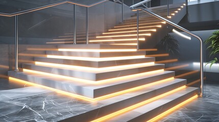 Wall Mural - a modern staircase with illuminated quartz steps and a sleek chrome handrail