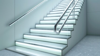 Wall Mural - a modern staircase with illuminated quartz steps and a sleek chrome handrail