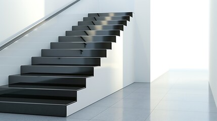 Wall Mural - a sleek staircase with a combination of matte black steps and a glossy white wall