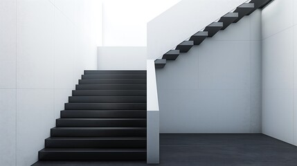 Wall Mural - a sleek staircase with a combination of matte black steps and a glossy white wall