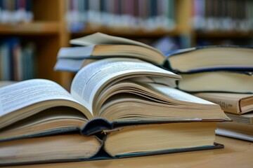 Poster - Pile of open hardcover books stacked on a wooden desk in a library setting