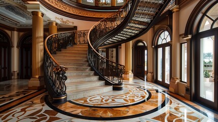 Wall Mural - an elegant spiral staircase with intricate ironwork in a grand foyer