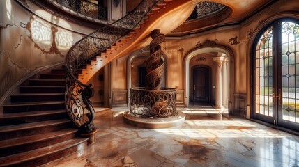 Wall Mural - an elegant spiral staircase with intricate ironwork in a grand foyer