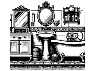 Wall Mural - Bathroom design. Hand drawing vintage style black and white clip art. Raster, generative ai.