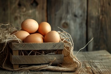 Sticker - Organic brown eggs in a small wooden box with straw, on a rustic wooden background