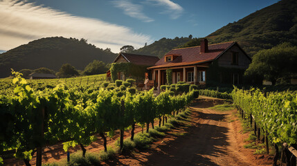 Wall Mural - an image of a small house in a lush, green vineyard.