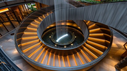 Wall Mural - cascading spiral stairs with led-lit wooden treads and a central water feature