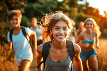 Group of young people running in line with trees in the background.