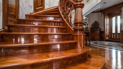 Wall Mural - elegant curved staircase with polished wood steps and a handcrafted baluster