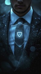 Wall Mural - Business shield symbolizing cybersecurity measures, close-up with shield icon, secure and protective business concept, silhouette, superimposed scene, minimalist style with a touch of elegance.