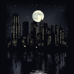 Wall Mural - a city skyline with a large full moon in the sky. night city on a dark background