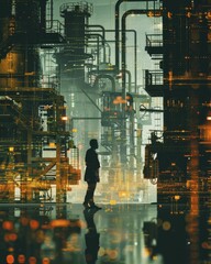 Canvas Print - Industry 4.0 evolution redefines operational efficiency, modern factory floor with advanced machinery, Silhouette, superimposed scene, little minimal style