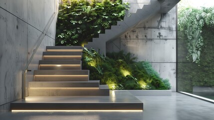 Wall Mural - minimalist concrete stairs with hidden lighting and a living green wall alongside
