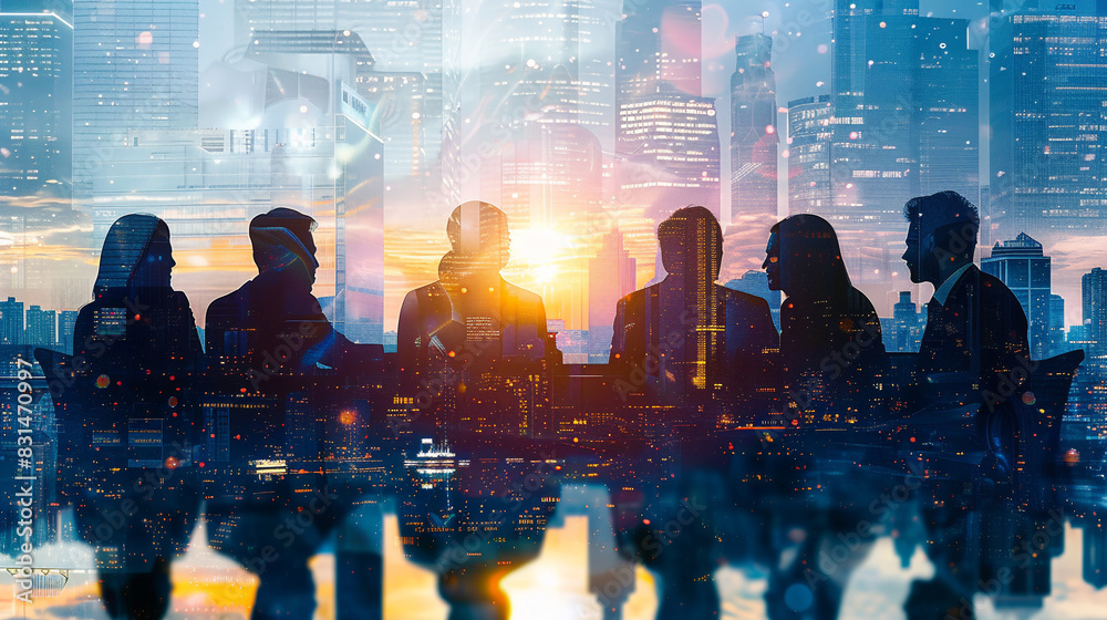 Double exposure image of many business people conference group meeting ...
