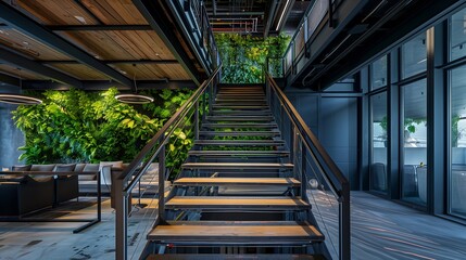 Wall Mural - modern industrial stairs with steel beams, open risers, and a vertical garden backdrop