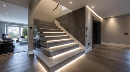 Wall Mural - sleek mono-stringer stairs with cantilevered stone steps and recessed handrails