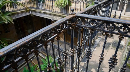 Poster - A Victorian iron balustrade with intricate floral motifs adds timeless elegance to a historic courtyard.