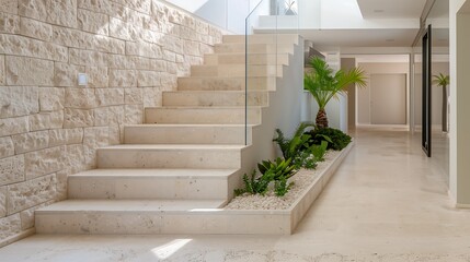 Wall Mural - sleek mono-stringer stairs with cantilevered stone steps and recessed handrails