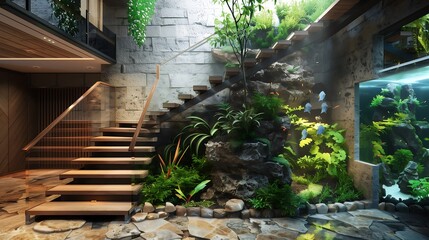 Wall Mural - stairs with a blend of natural stone and wood, complemented by a vertical aquarium