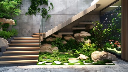 Wall Mural - stairs with a blend of natural stone and wood, complemented by a vertical aquarium