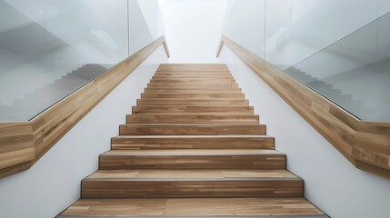 Wall Mural - zigzag wooden stairs with glass sides and a minimalist white backdrop