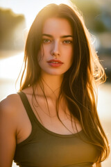 Wall Mural - Close up of person with long hair and tank top on.