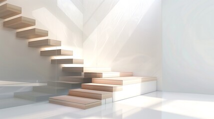 Wall Mural - zigzag wooden stairs with glass sides and a minimalist white backdrop