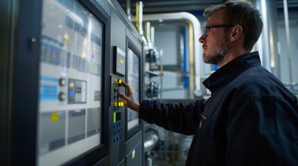 Poster - An engineer operates a control panel in an industrial facility at night, closely monitoring system status.