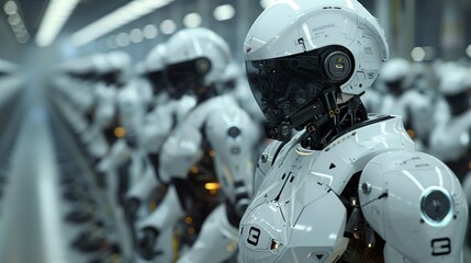 Poster - 3d rendering of leader human robot portraits with robotics army, industrial group of cyborg machines on factory background. Futuristic AI robotic team, artificial intelligence technology concept.