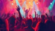 © olga_demina - Silhouetted crowd with raised hands at a concert, colorful lighting. Dynamic music festival environment.