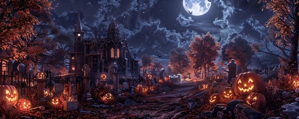 Wall Mural - Create a wide-angle view featuring eerie Halloween decorations in a moonlit graveyard