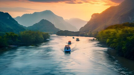 beautiful view in the afternoon  boats on the river and two mountains