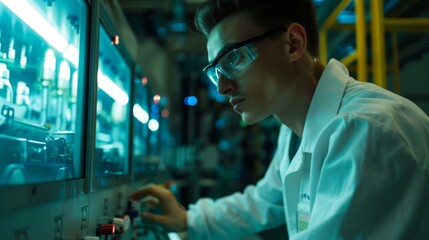 Poster - A focused scientist wearing glasses and a lab coat works at a control panel in a dimly lit high-tech laboratory.